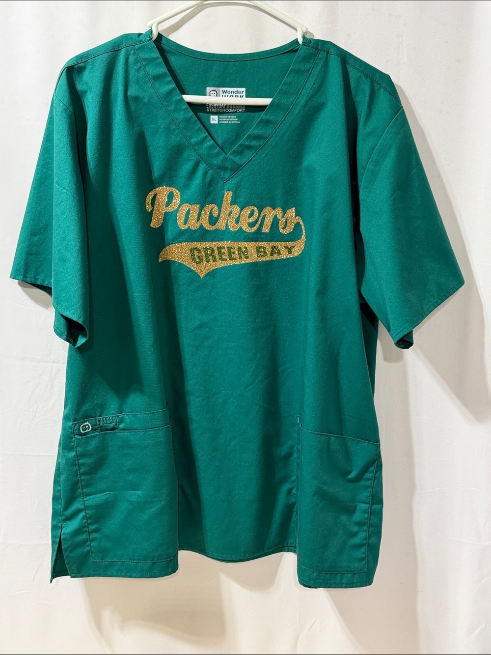Medical scrub top WonderWink Teal Green V-Neck Scrub Top with Gold Glitter Logo